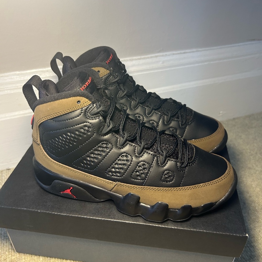 air jordan 9 retro black true red light olive kids